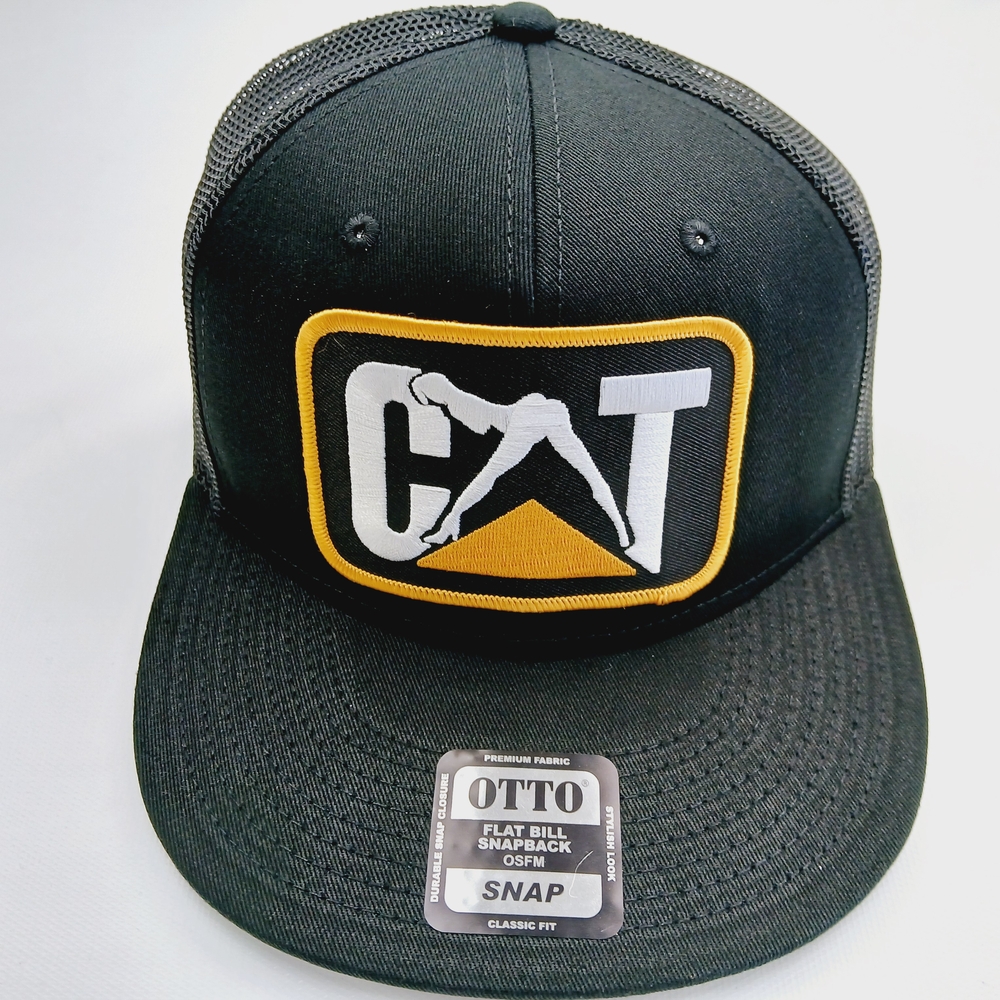 CAT Solid Black Mesh Back Flat Bill Snapback Hat